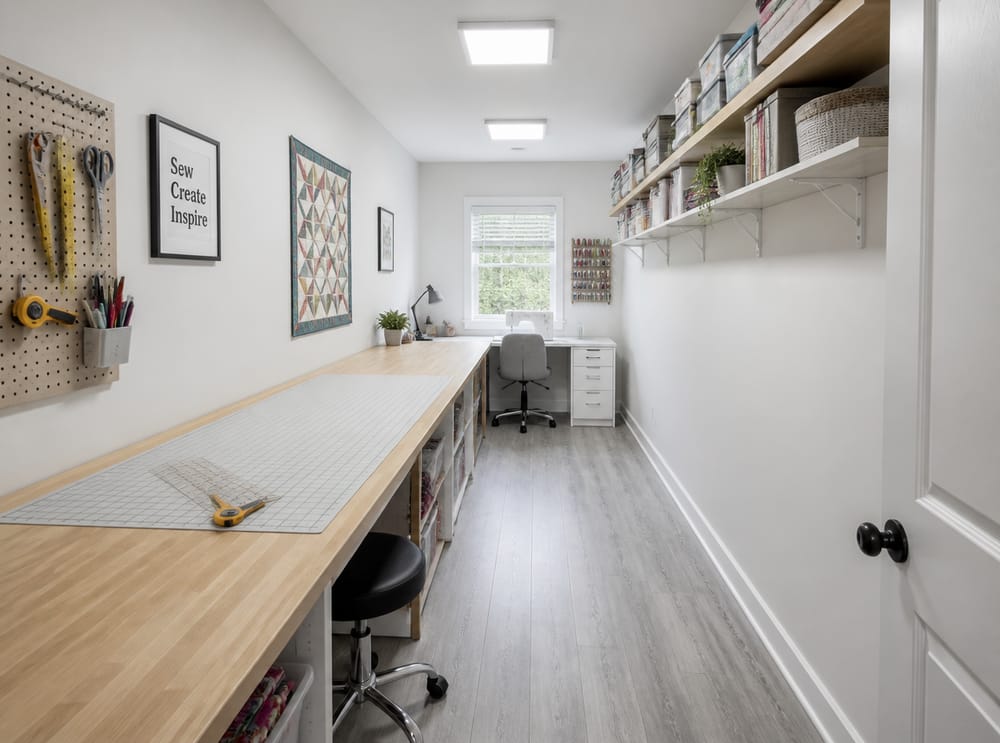 Smalle ruimte-indeling met een snijtafel langs de muur
