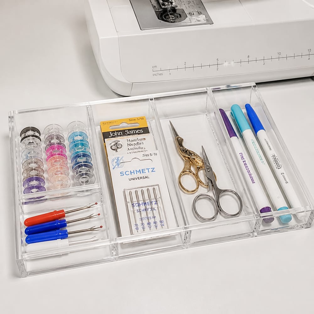 Transparante acryl organizer houdt kleine fournituren gesorteerd