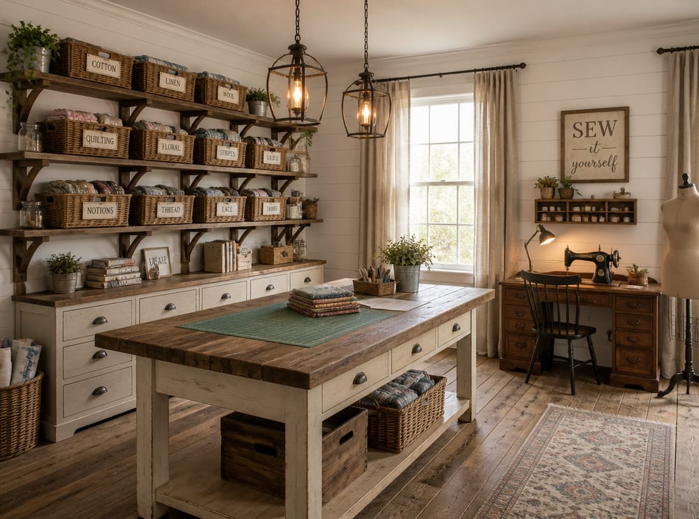 Planken van hergebruikt hout en landelijke werktafel in naaiatelier
