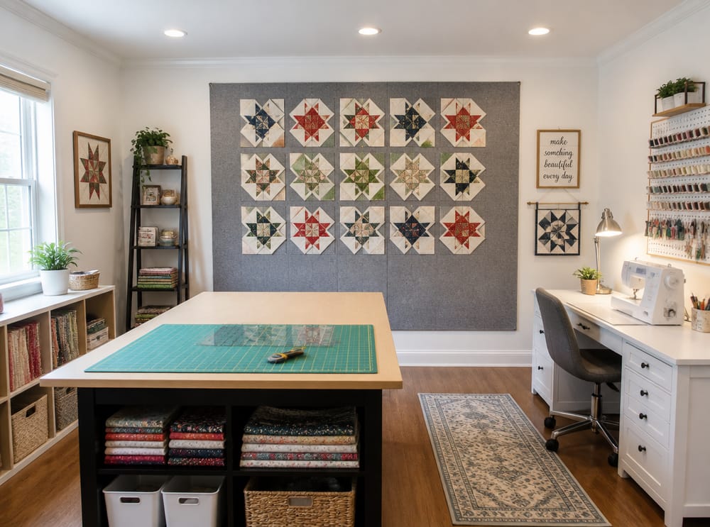 Ontwerpmuur van flanel met quiltblokken in ontwikkeling