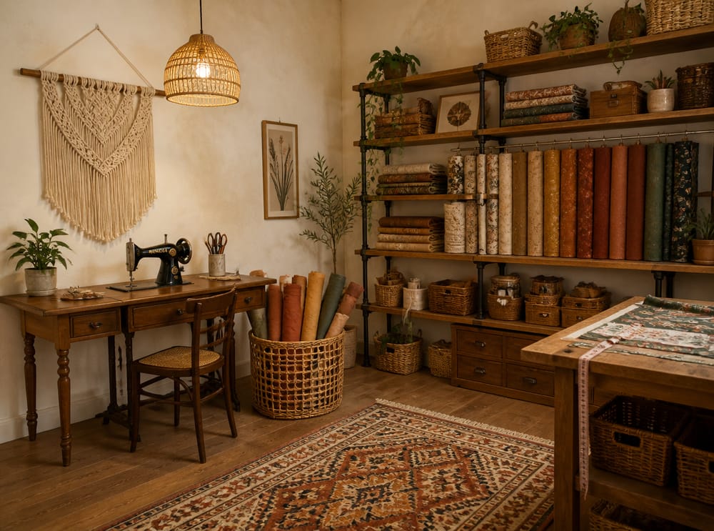 Boho-naaikamer met aardse stoffen en rotan