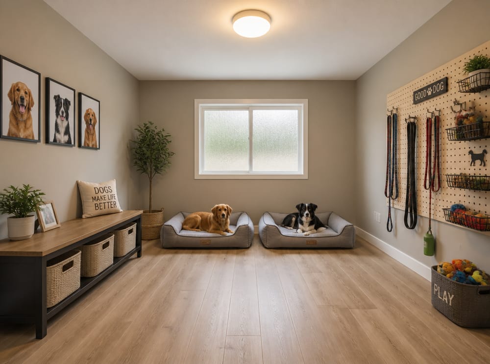 Umgebautes Gästezimmer mit zwei Hundebetten
