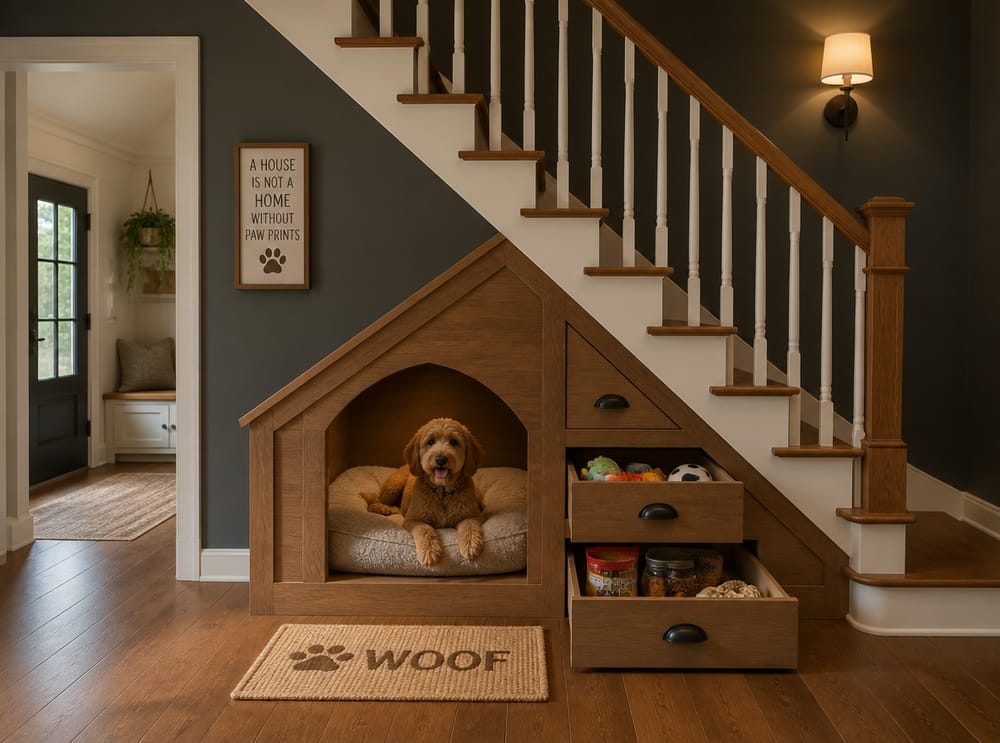 Hundeecke unter der Treppe mit Schubladen im Podest