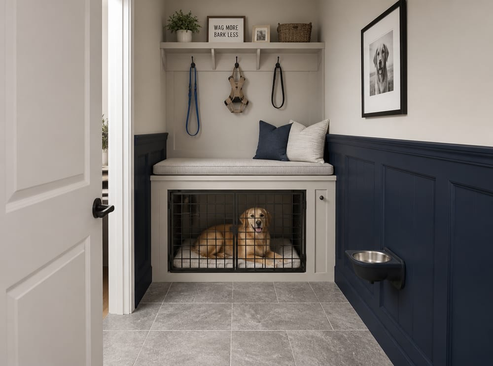 Hundekäfig im navyblauen Paneelschrank eingebaut