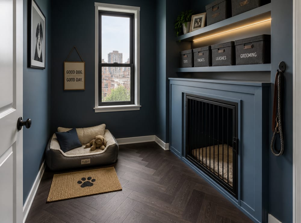 Apartment-Nischen-Hundekäfig in staubigem Blau