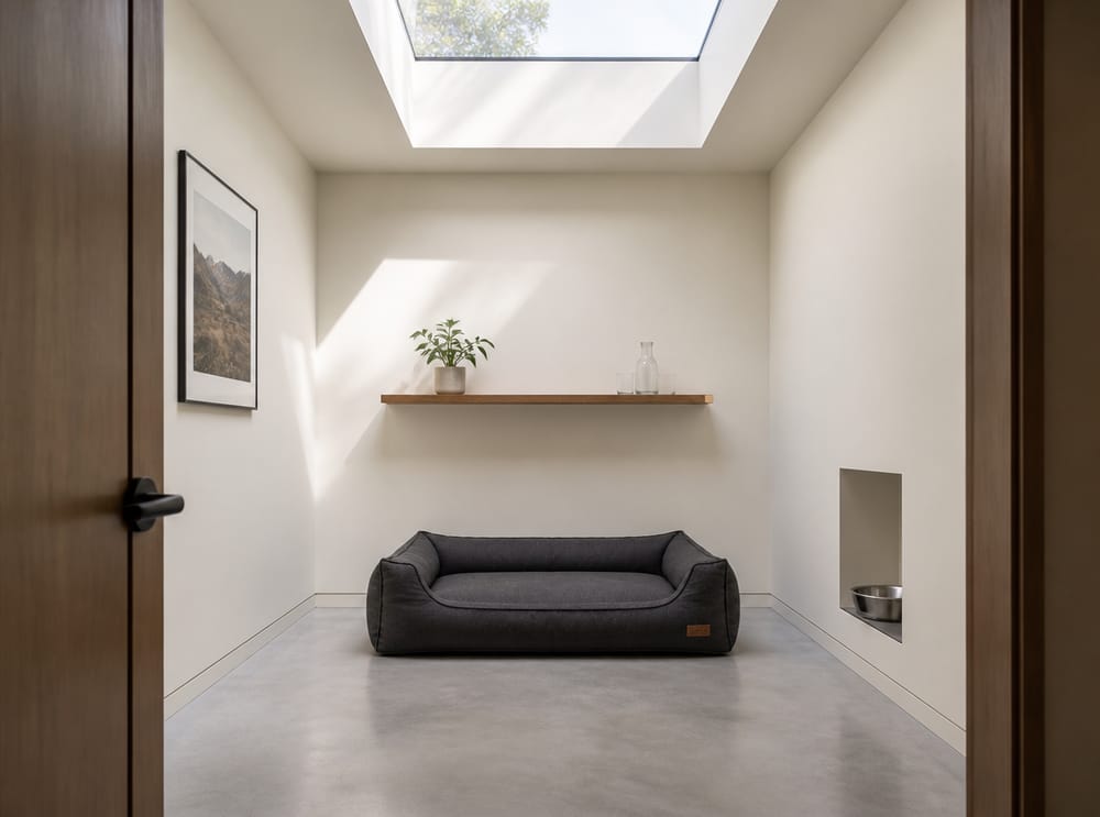 Minimalistischer Hunderaum mit Oberlicht und Betonboden