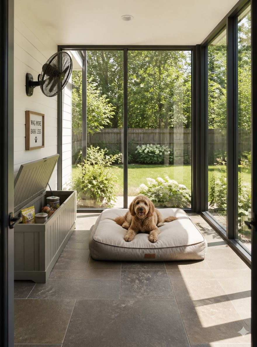 Wintergarten-Hundezimmer mit Glaswänden und Steinfliesen