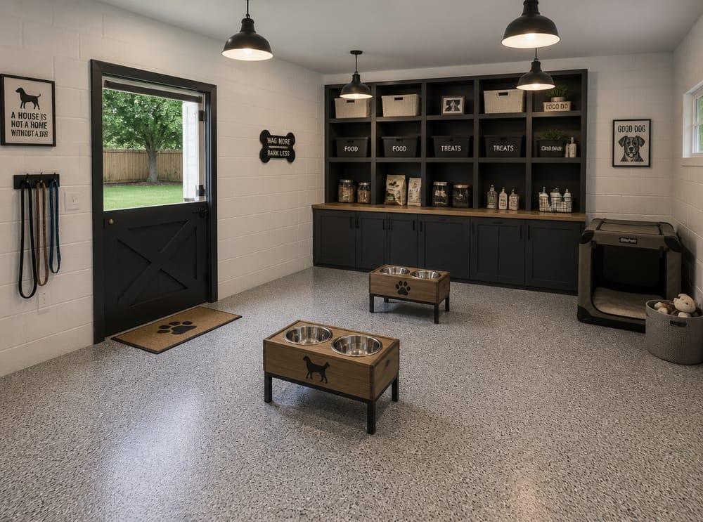 Garage umgebaut mit Epoxidboden und Regalen