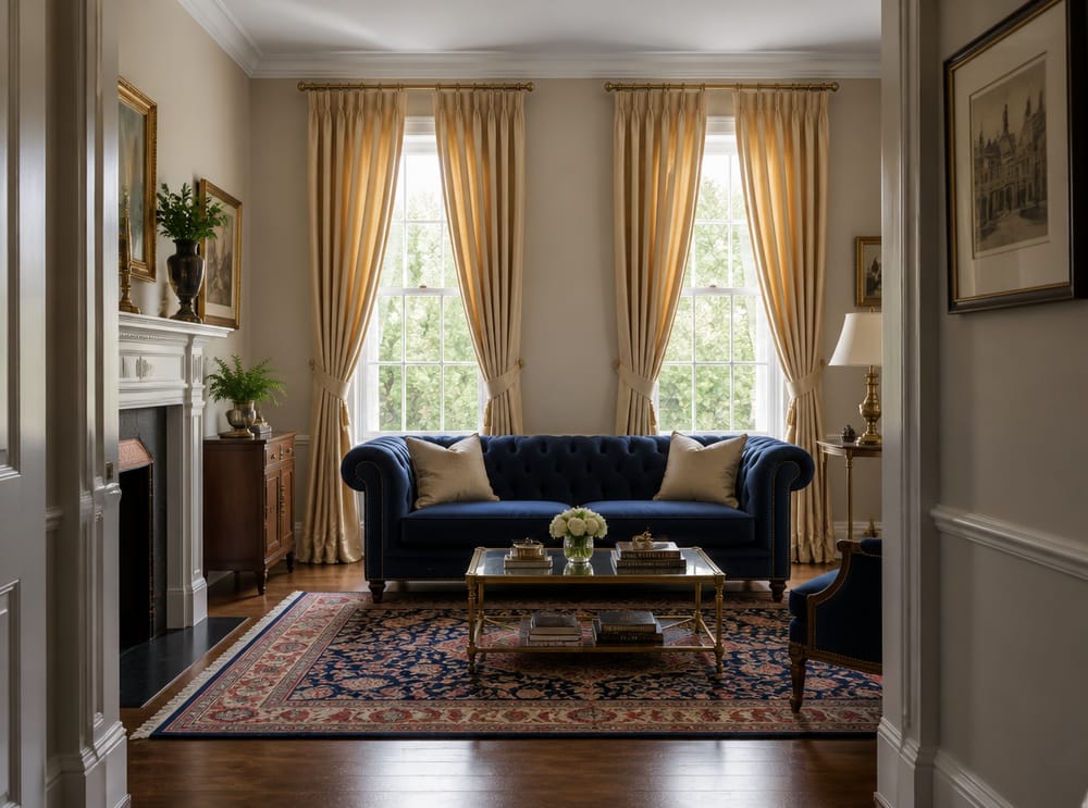 Tende effetto seta color champagne legate ai lati, divano Chesterfield blu navy
