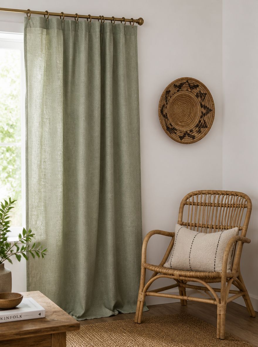 Tenda in lino salvia, anelli in ottone, poltrona in rattan