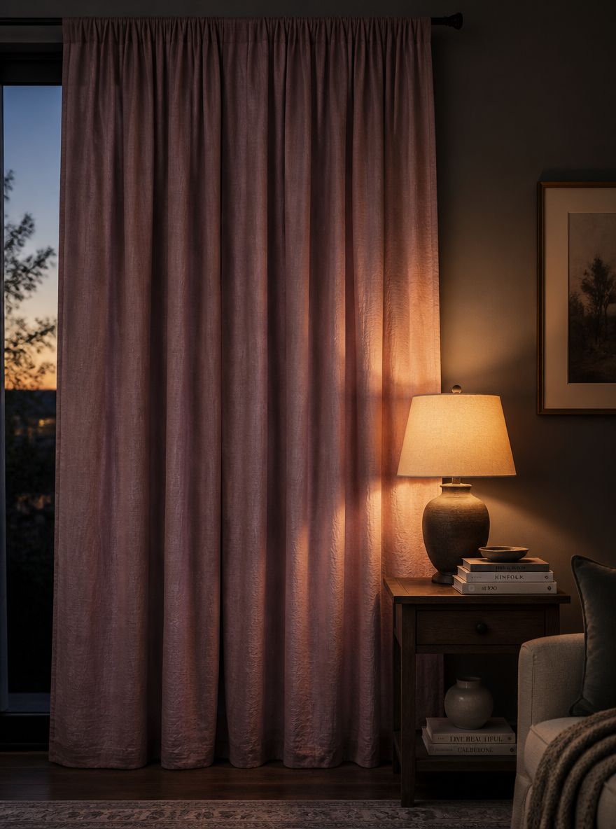 Tende malva al tramonto, luce della lampada sul tessuto