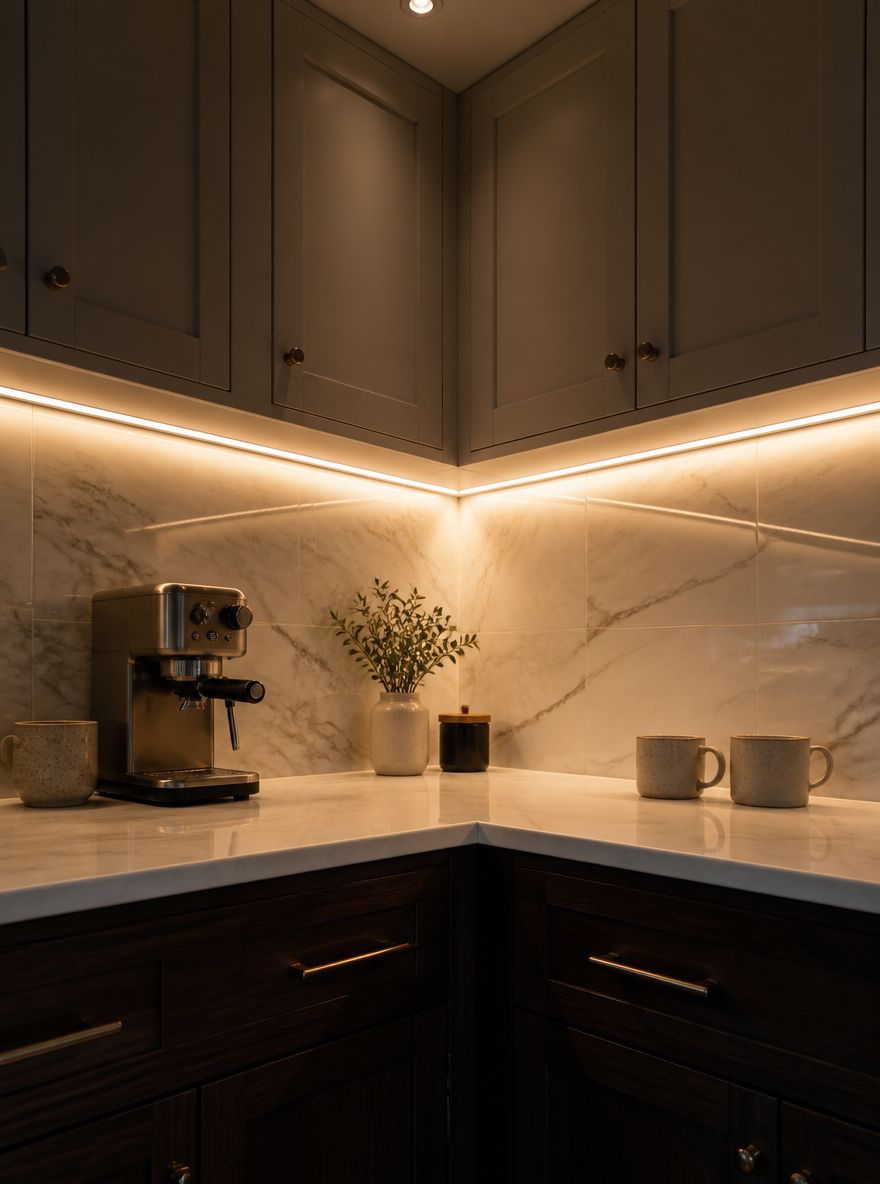Encimera de esquina iluminada por tiras LED convergentes