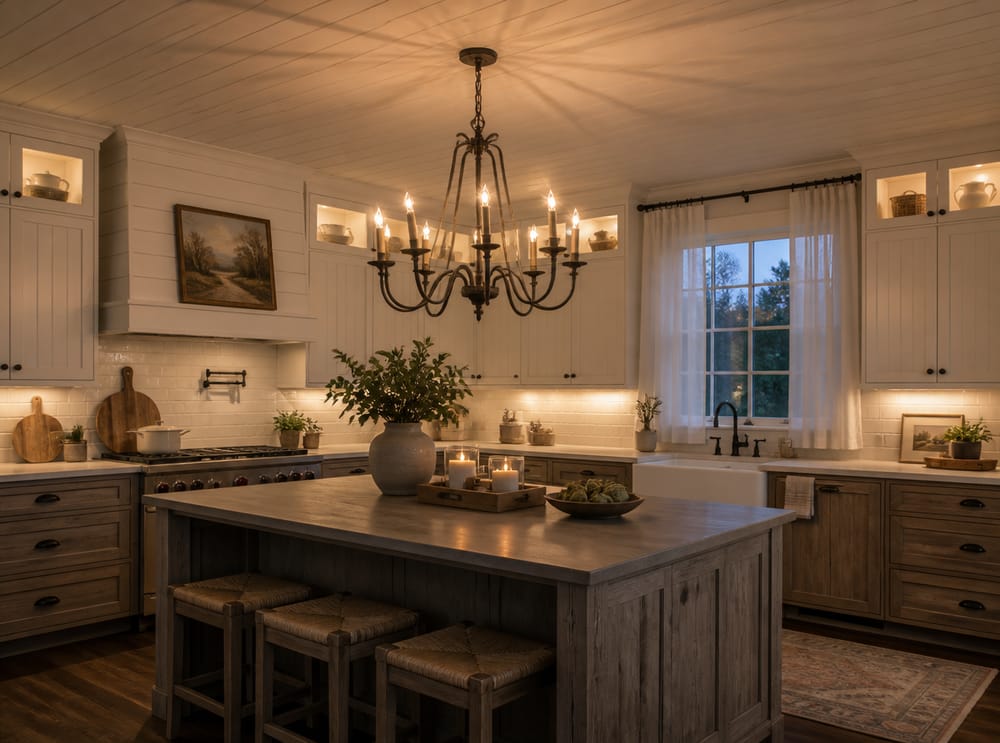 Lámpara de hierro forjado en cocina de estilo granja