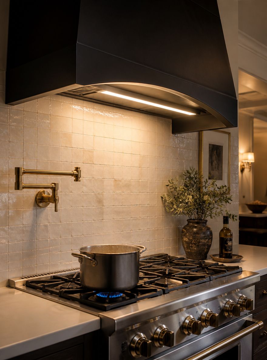 Iluminación integrada en campana sobre cocina arqueada
