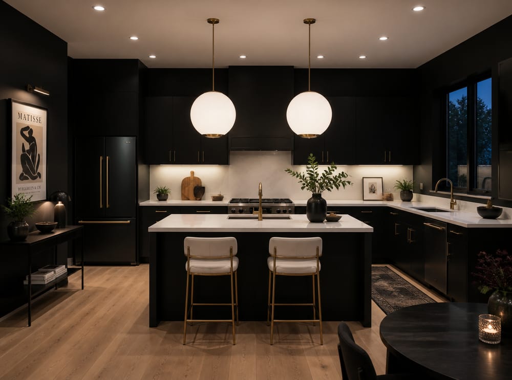 Colgantes esféricos blancos con pared negra en la cocina