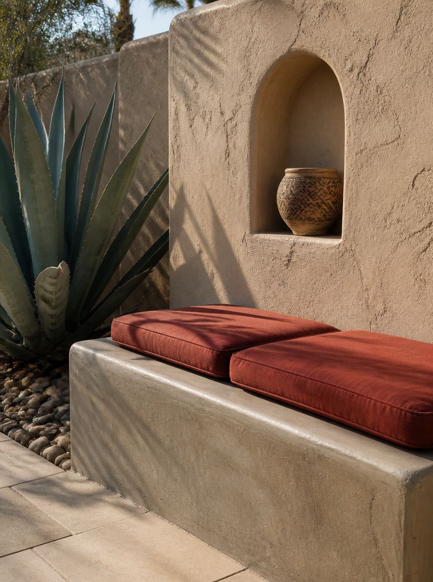 Banco integrado de concreto con cojines terracota y agave