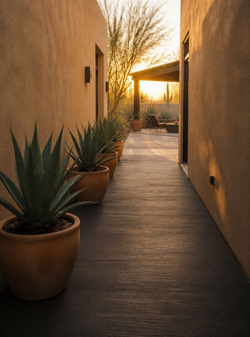 Pasillo de estuco con agave en maceta que abre al patio