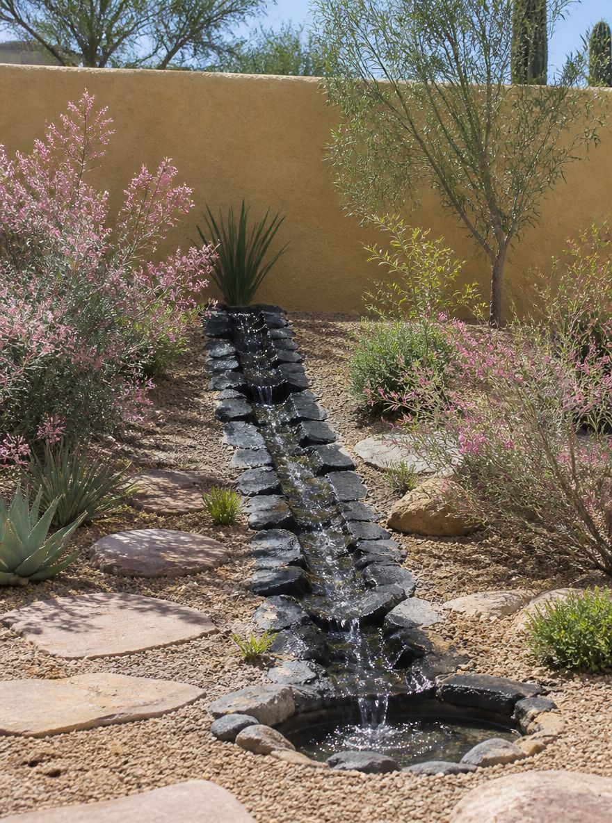 Canal de agua de pizarra con sauce del desierto y fairy duster