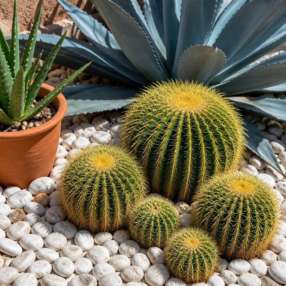 Grupo de cactus barril dorado en roca de río blanca