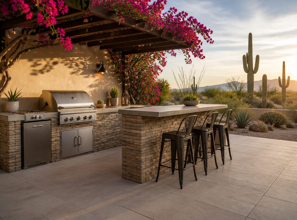 Cocina exterior de piedra con pérgola cubierta de bugambilias arriba