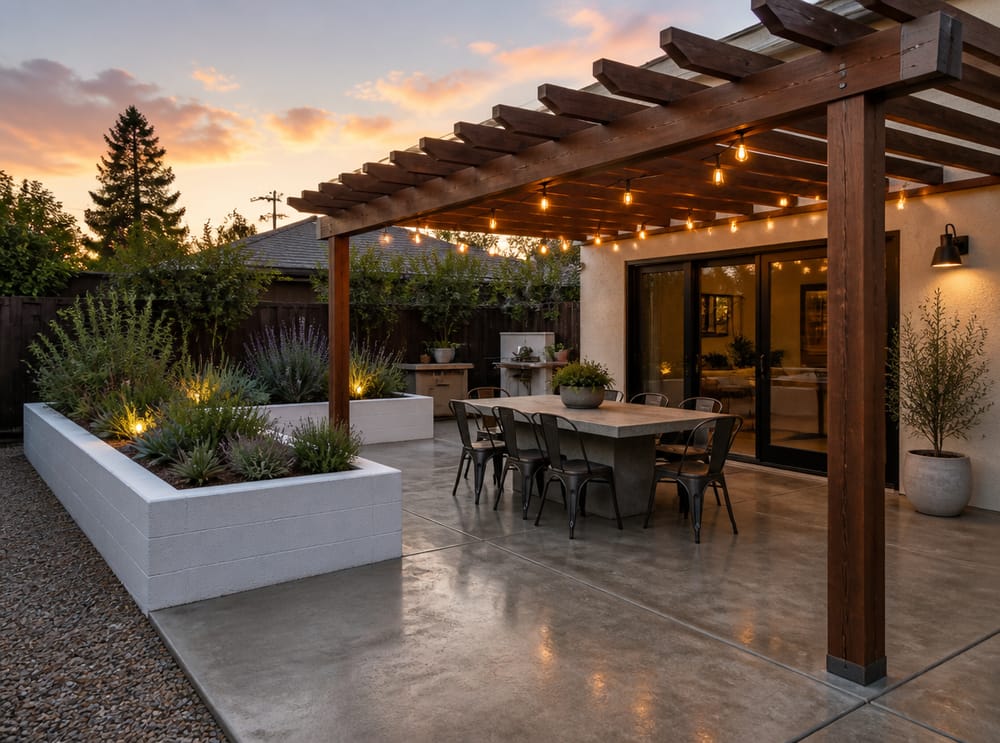 Pérgola de vigas de madera con luces sobre mesa de concreto
