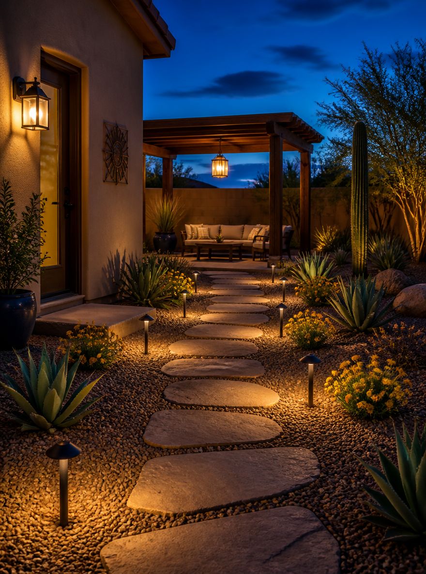 Camino de laja iluminado que lleva a área de pérgola al atardecer