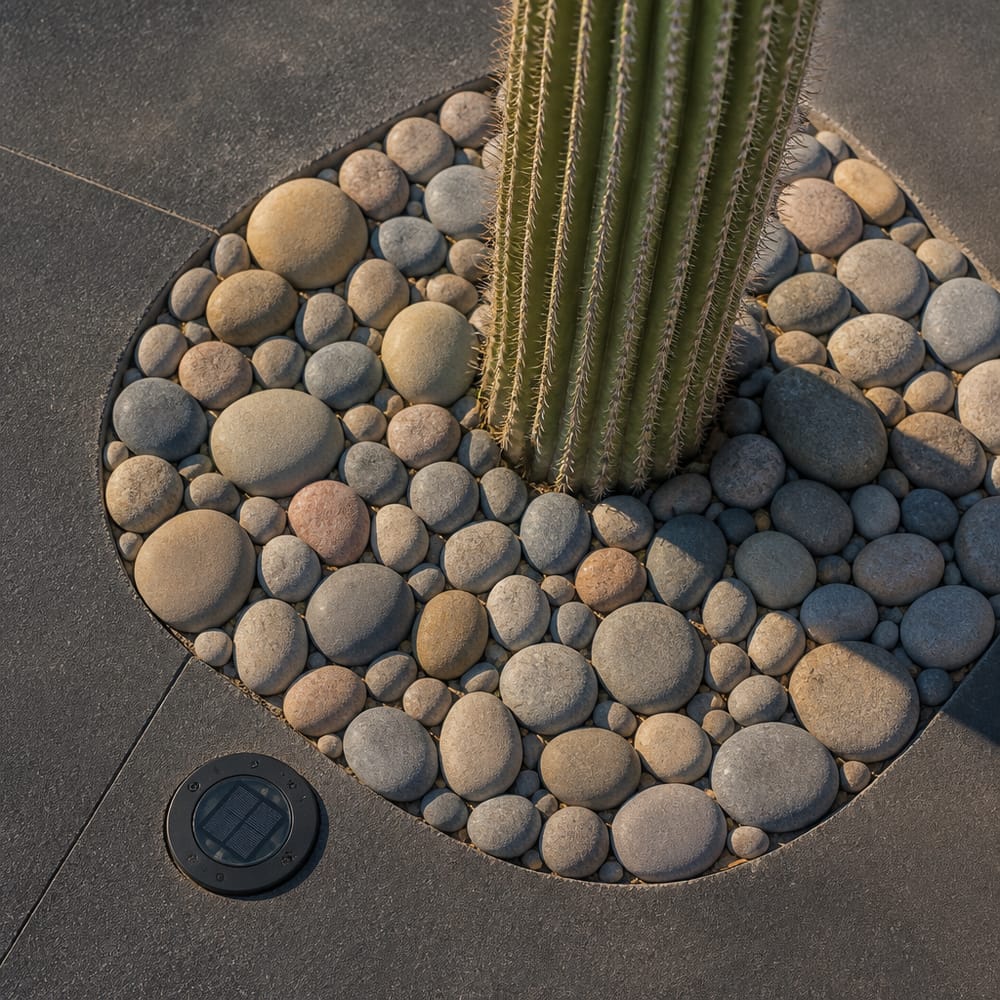 Base de saguaro con piedras de río sobre concreto antracita
