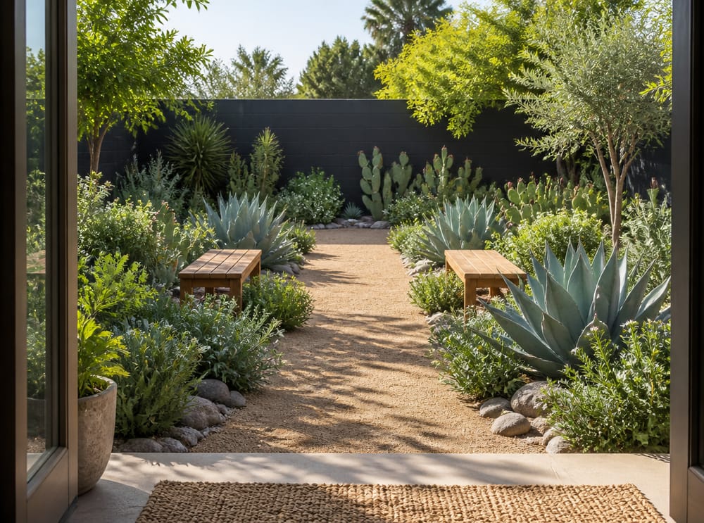 Muro trasero antracita enmarcando agaves y cucharilla