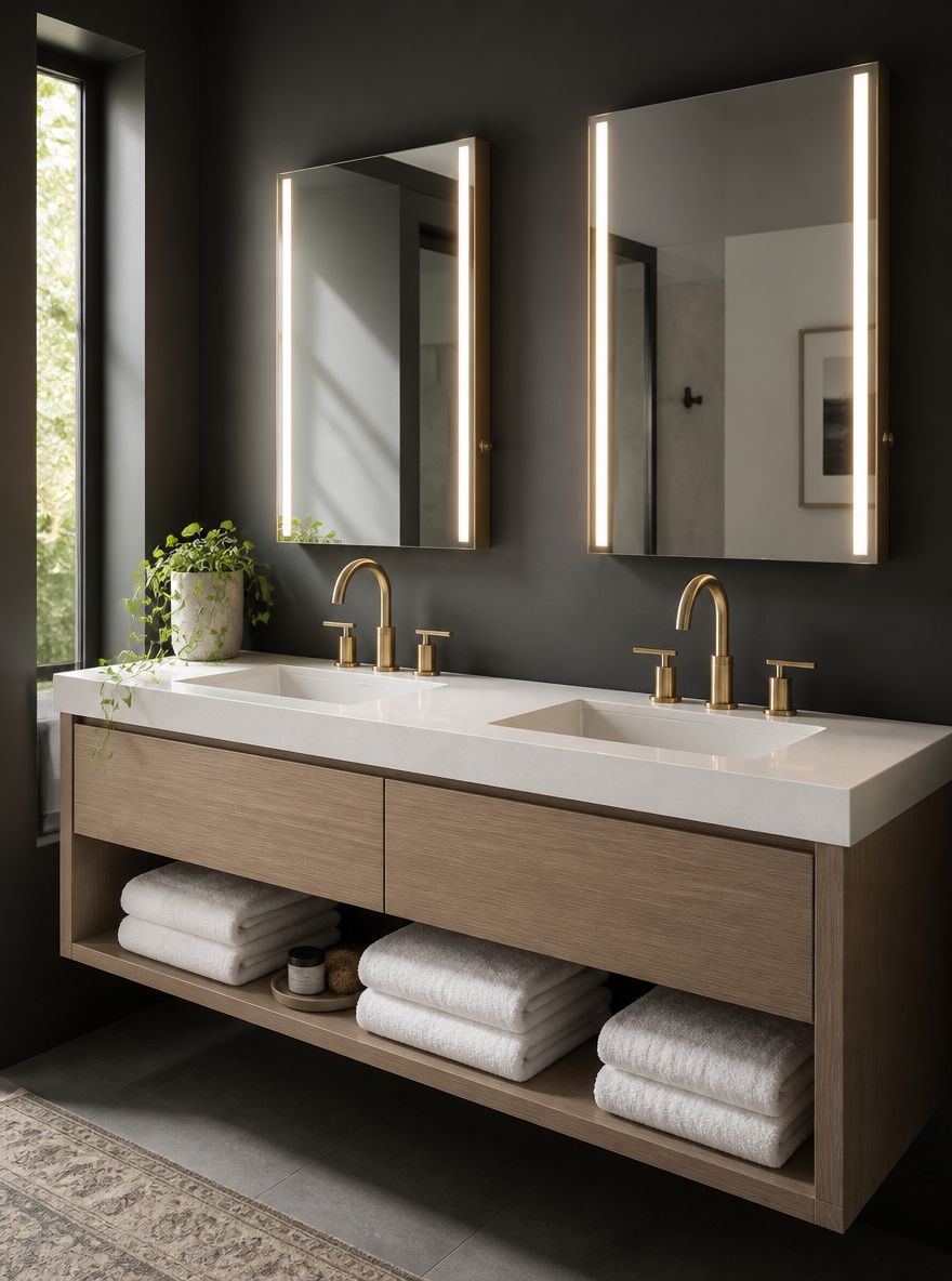 Mueble flotante con grifería dorada cepillada