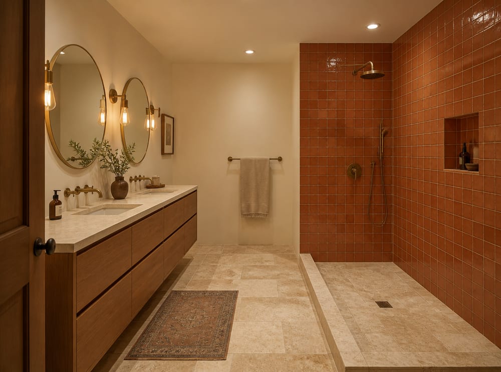 Ducha con azulejos Zellige y detalles en latón cálido