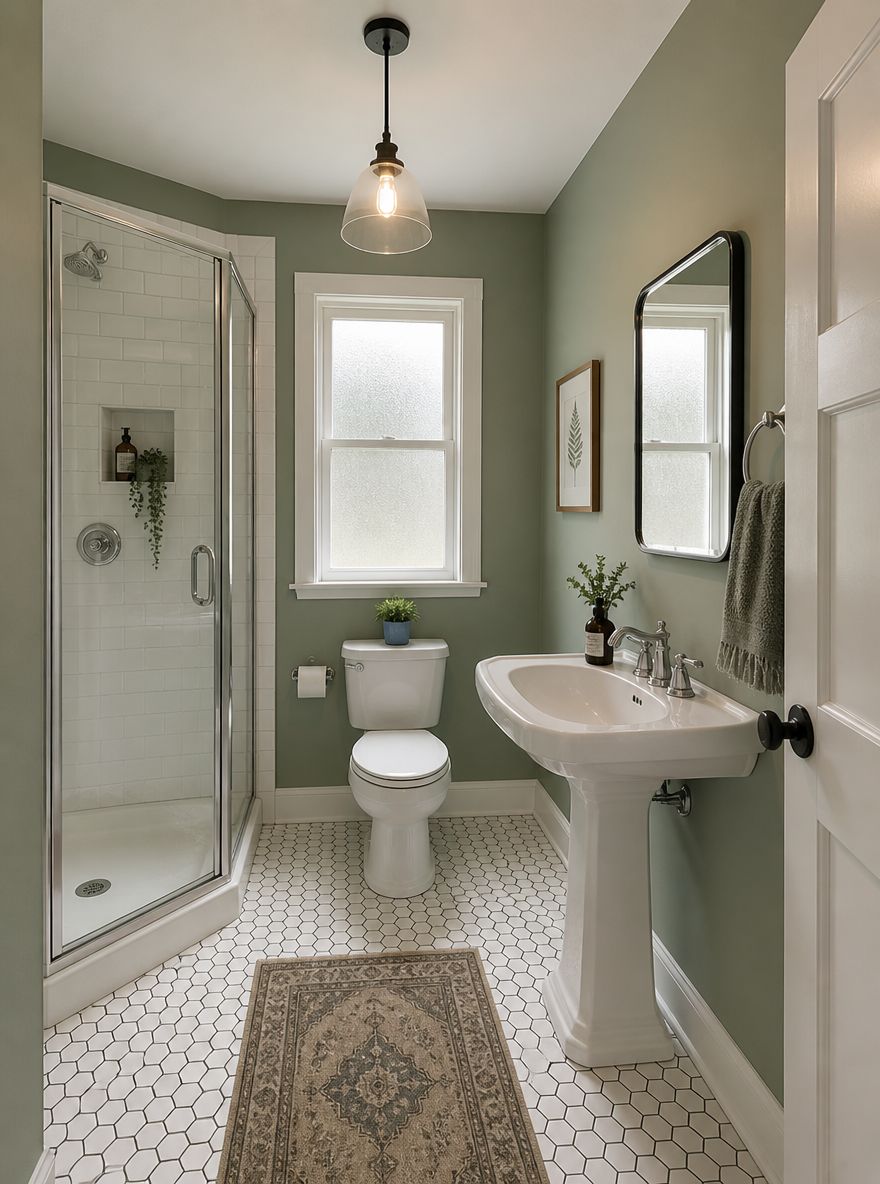 Baño pequeño en verde salvia con lavabo pedestal
