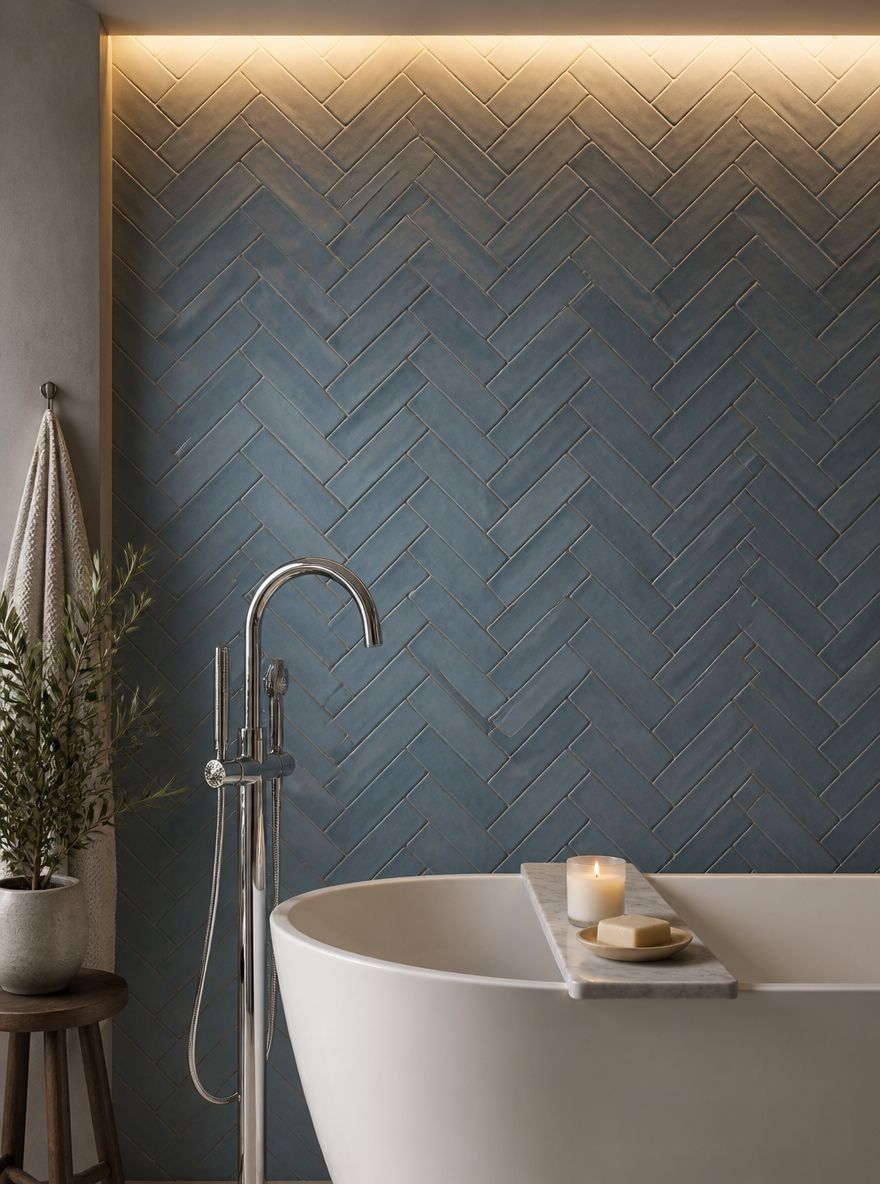 Azulejo cerámico en espiga tras bañera exenta