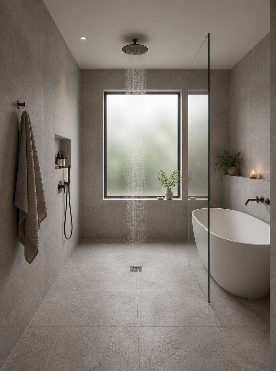 Habitación húmeda con desagüe central y bañera ovalada