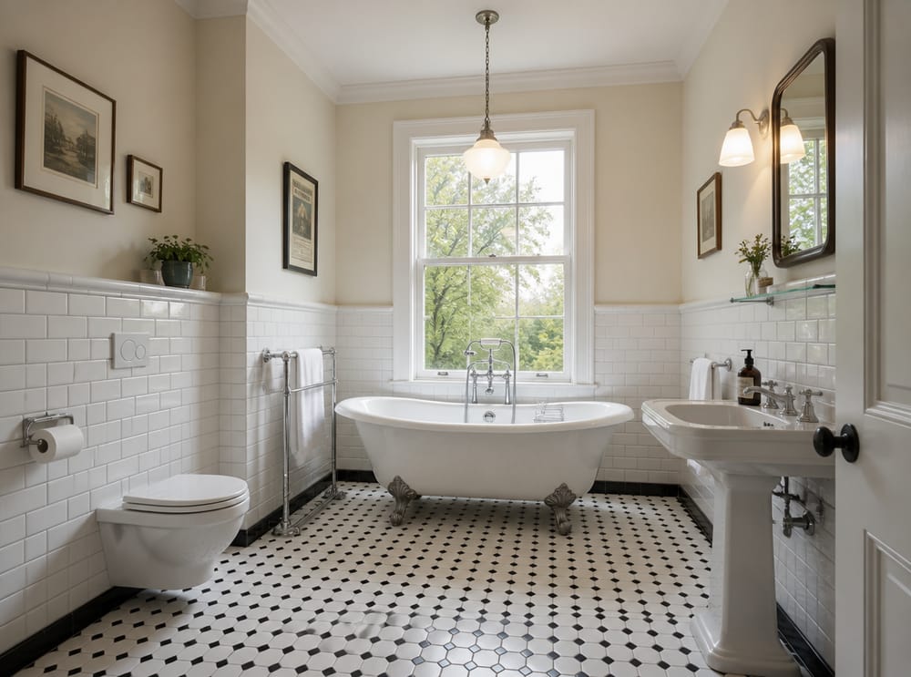 Bañera con patas centrada bajo ventana doble