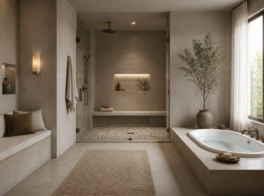Banco estilo spa junto a plataforma de baño