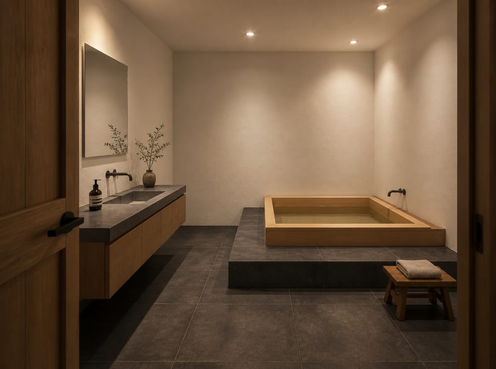 Bañera japonesa sobre plataforma de hormigón oscuro