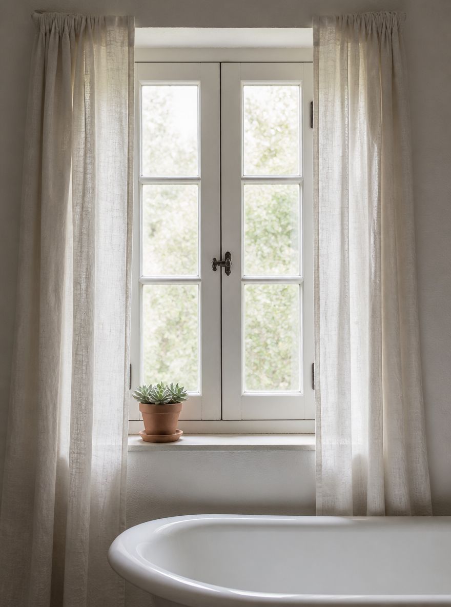 Cortinas de lino enmarcando ventana sobre bañera