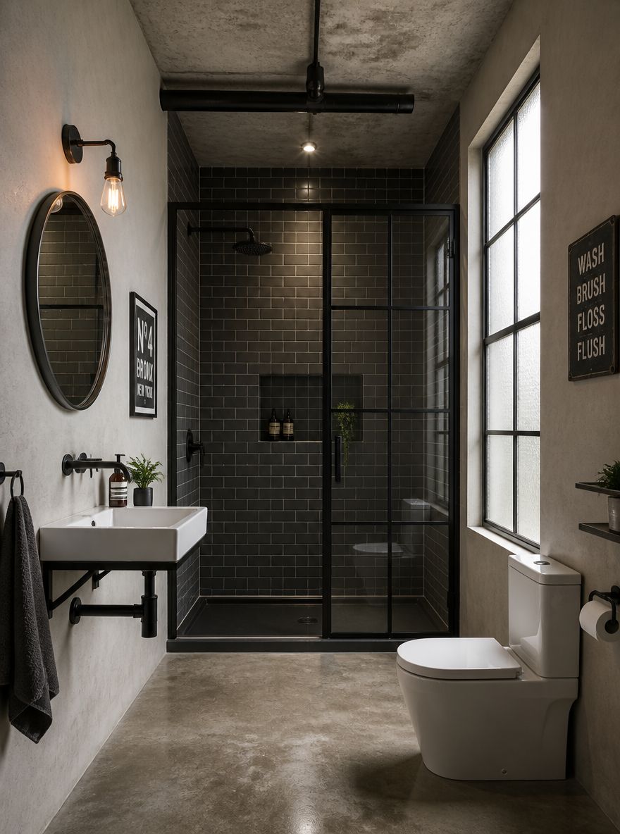 Ducha con marco de acero en baño de hormigón industrial