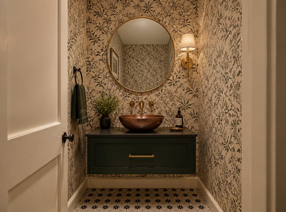 Lavabo de cobre en baño pequeño con papel tapiz botánico