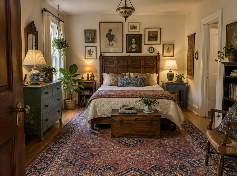Alfombra vintage sobreteñida en dormitorio ecléctico