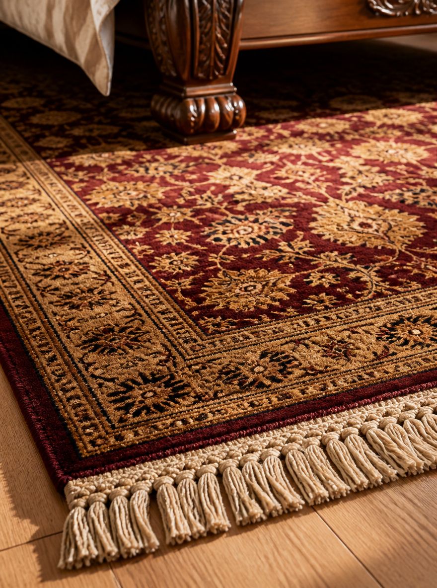 Flecos de alfombra persa y pata tallada de la cama