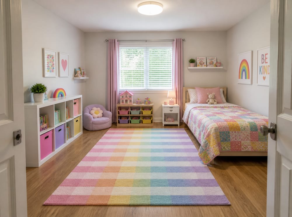 Alfombra de rayas pastel conecta cama y zona de juegos