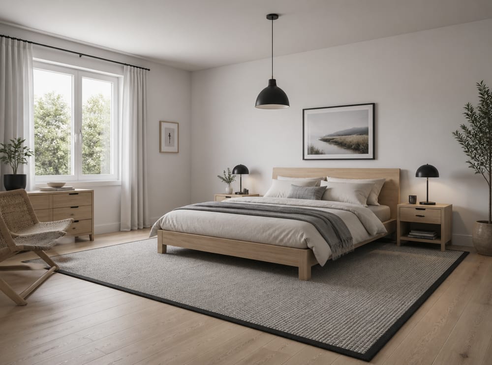 Alfombra gris clara de tejido plano en dormitorio escandinavo