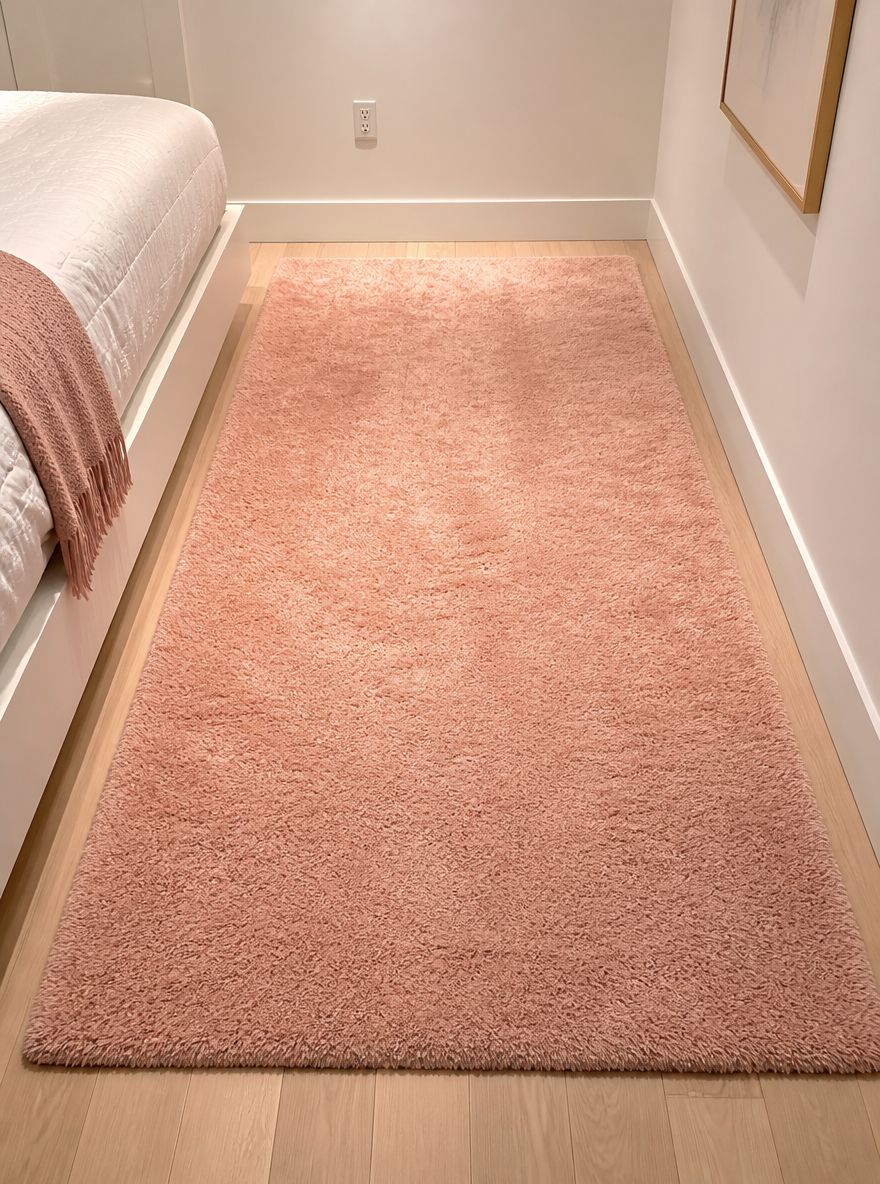 Alfombra rosa entre el pie de cama y la pared