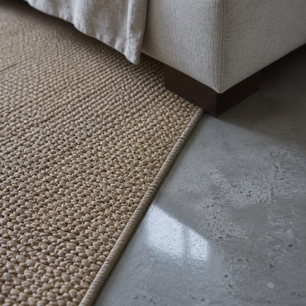Borde de alfombra de sisal junto al concreto pulido