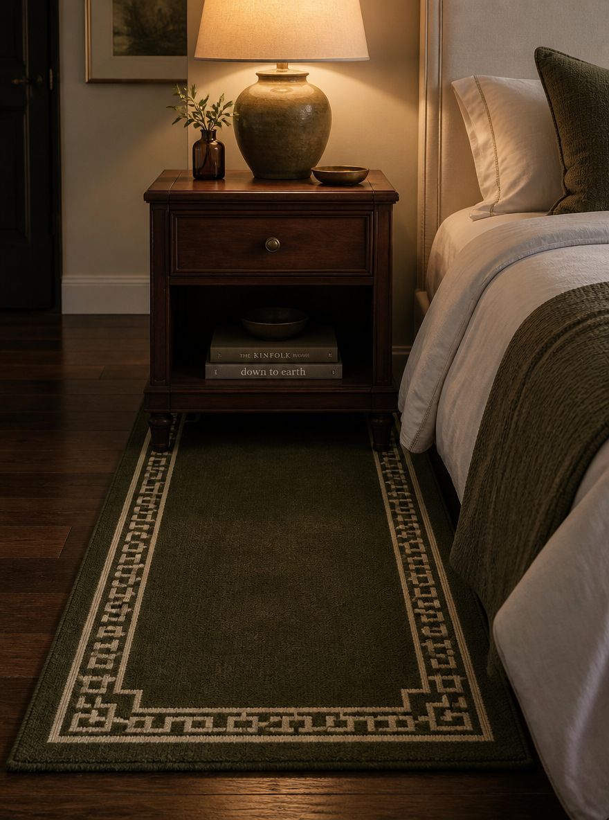 Alfombra decorativa bajo mesa de noche y lámpara