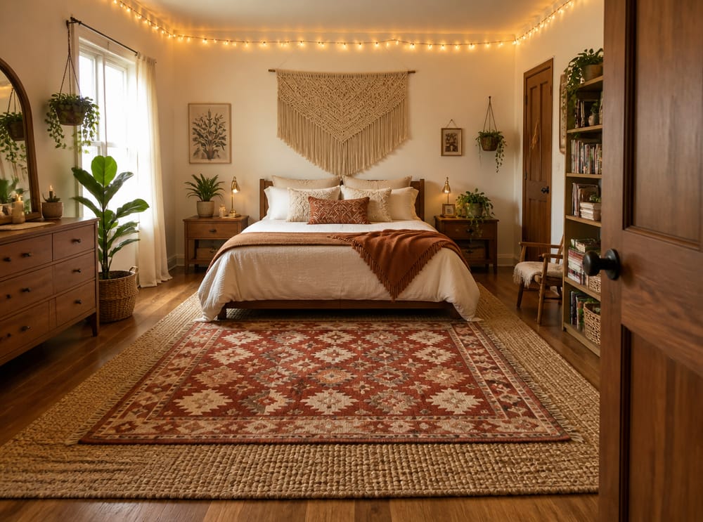 Kilim superpuesto sobre alfombra de yute en dormitorio bohemio