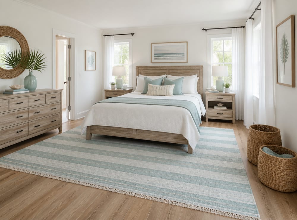 Alfombra de rayas aqua en dormitorio de estilo costero
