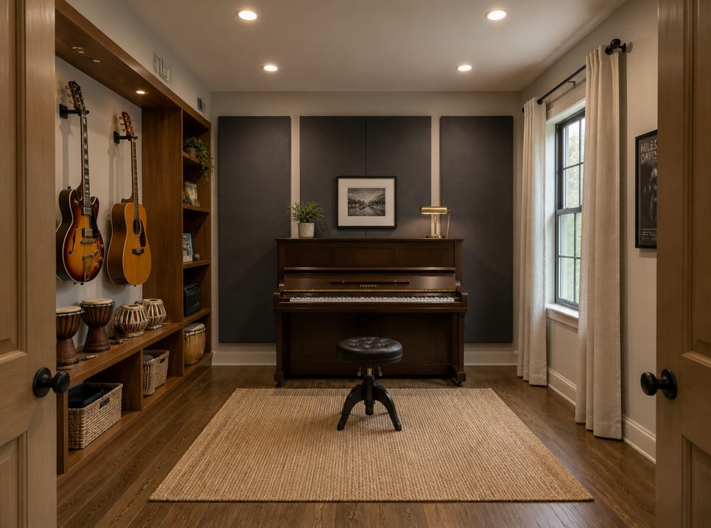 Piano vertical junto a pared con panel acústico