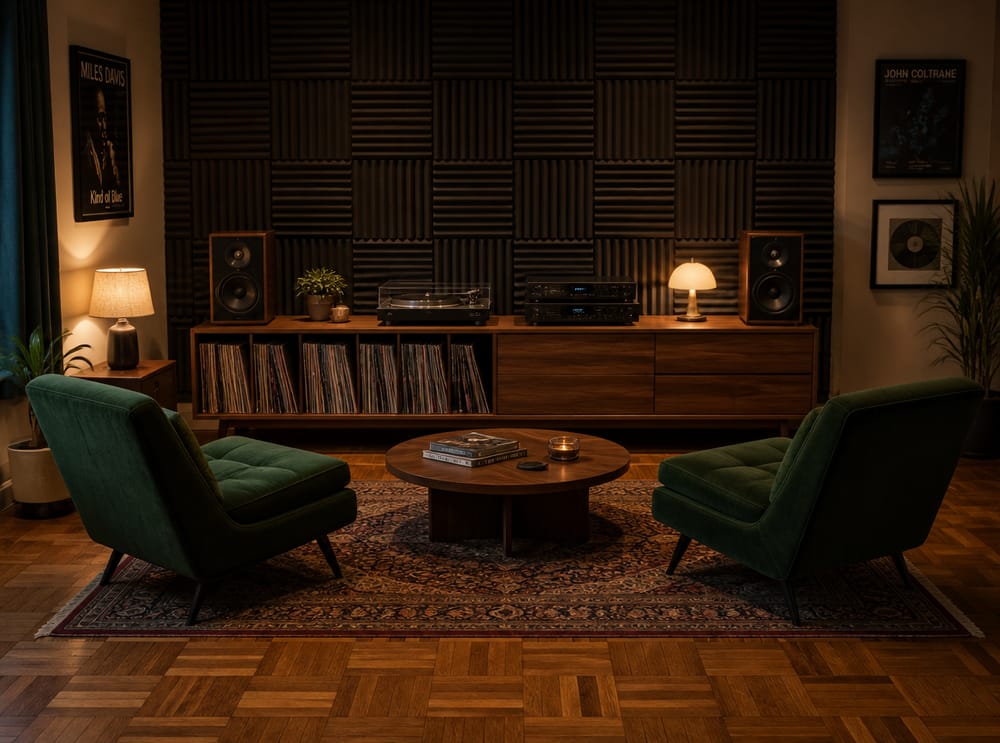 Sala de escucha con tocadiscos y almacenamiento para vinilos